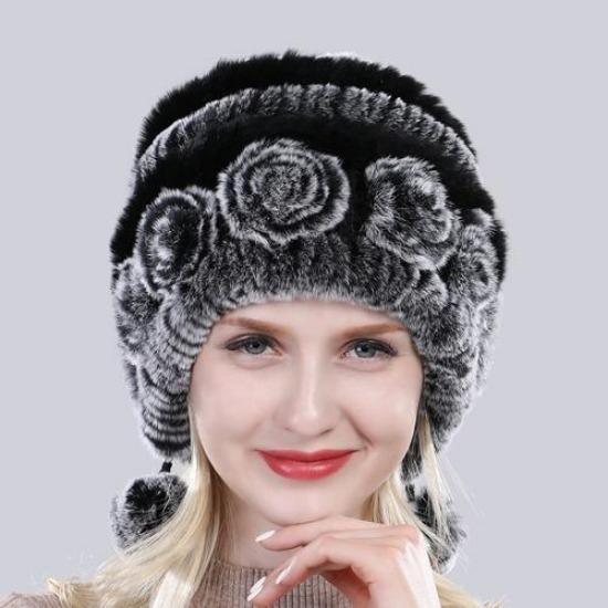 Hot Sale Winter Women Flowers Striped Natural Real Rex Rabbit Fur Hats Lady Warm Knit Genuine Fur Caps Russian Outdoor Fur Hats