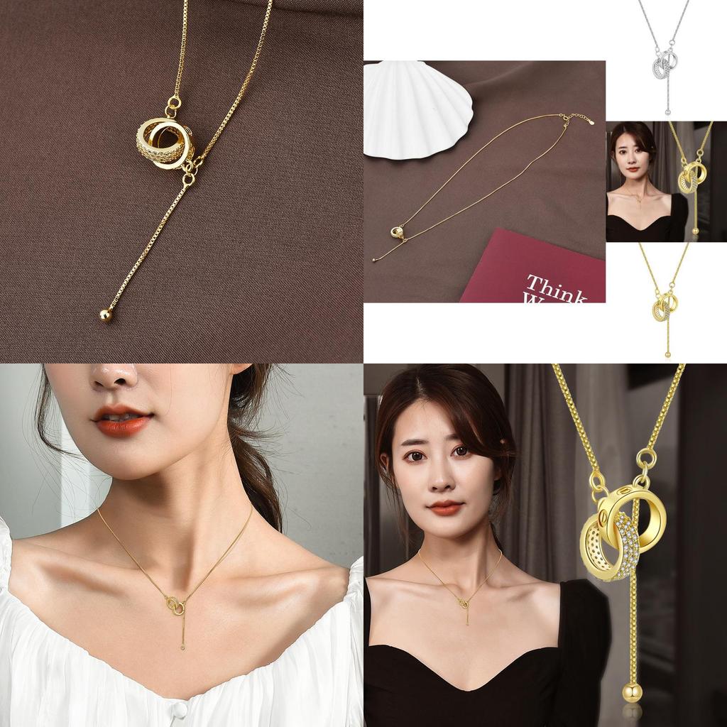 Elegant Gold And Silver Geometric Double Ring Necklace With Sparkling Rhinestones