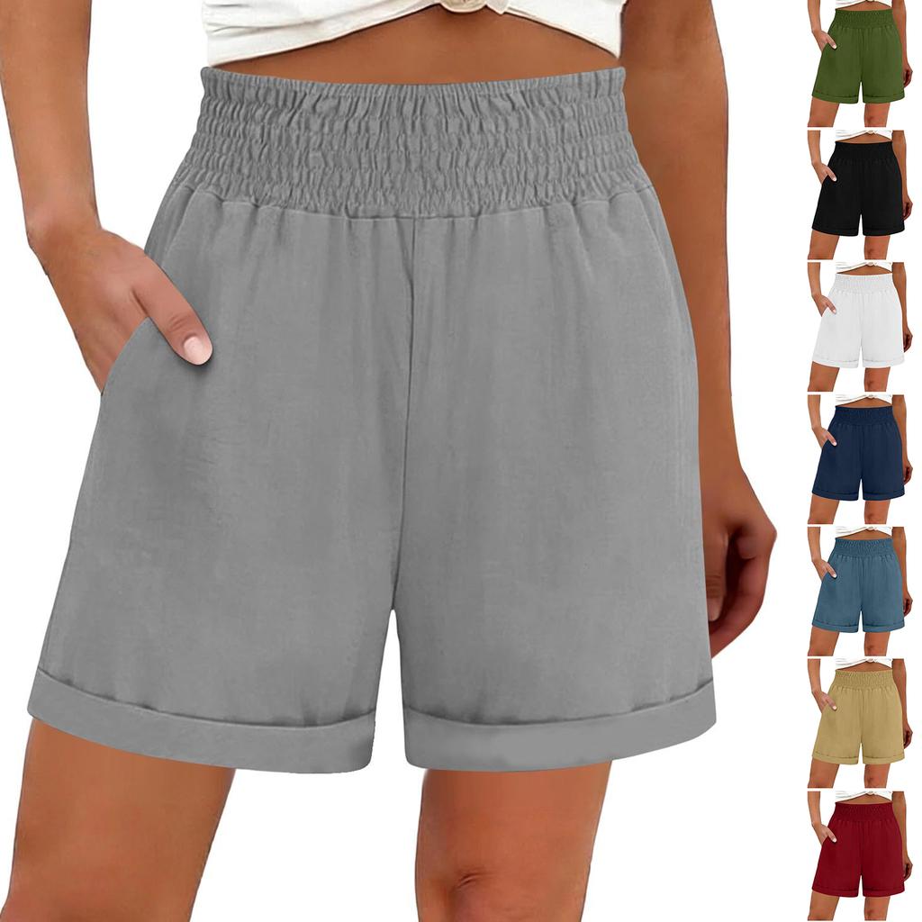 Women's Cotton Linen Shorts Smocked Waisted Wide Leg Short Pants With Pockets