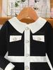Girls' Black and White Long-Sleeve Knit Dress with Peter Pan Collar and Faux Pockets