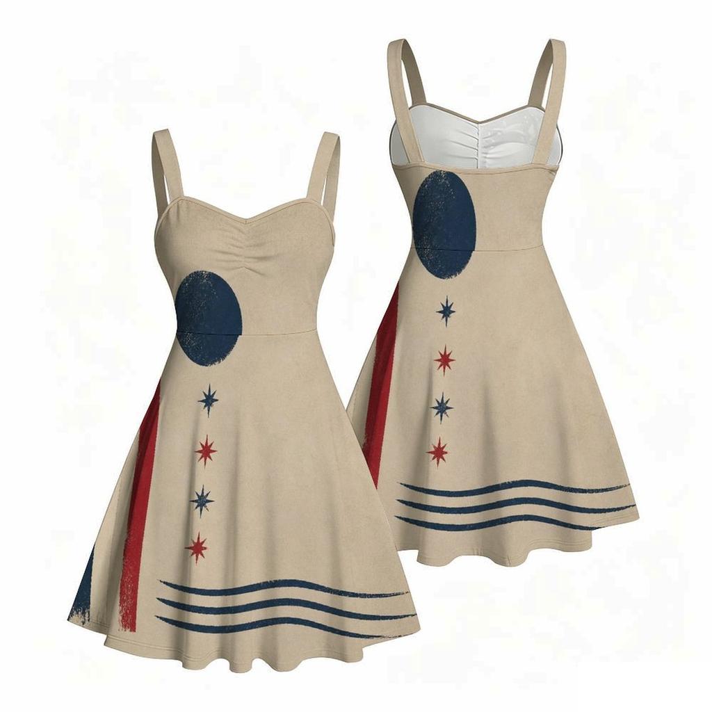 Women Plus Size Off Shoulder Strappy Sleeveless Vintage American Flag Printed Fitted Waist Flared Dress