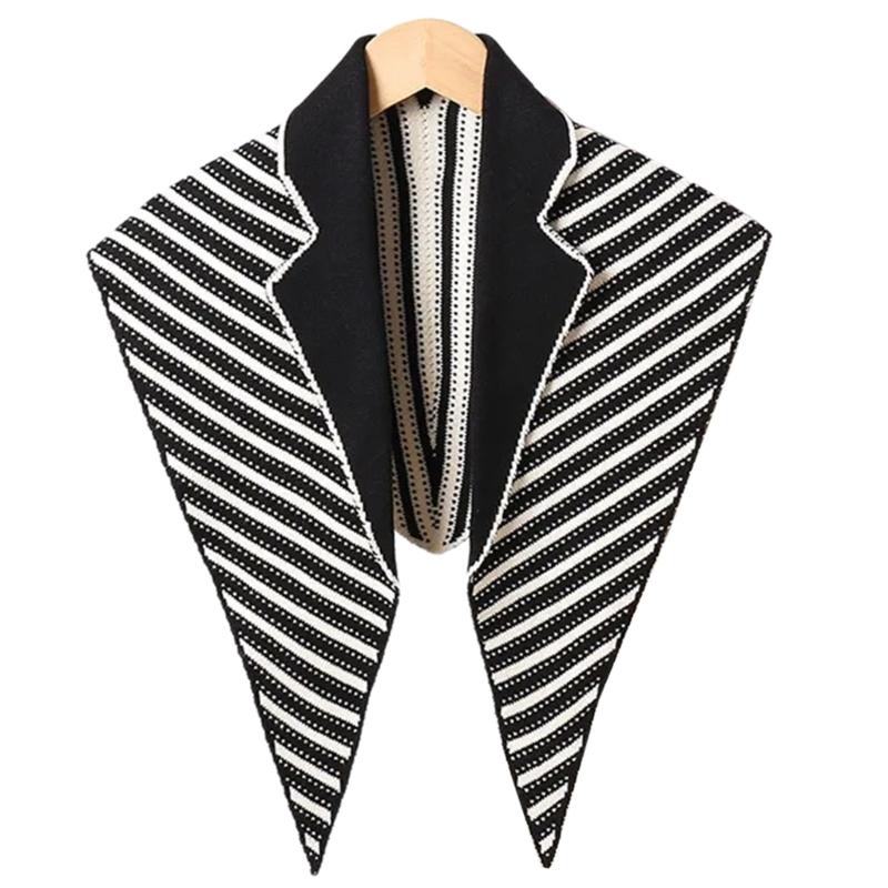 Striped Scarf Knitted Shawl Wrap for Autumn Winter Soft Cotton Lapel Collar Shawl Neck Wrap Unisex Fashion Accessory чёрный/белый