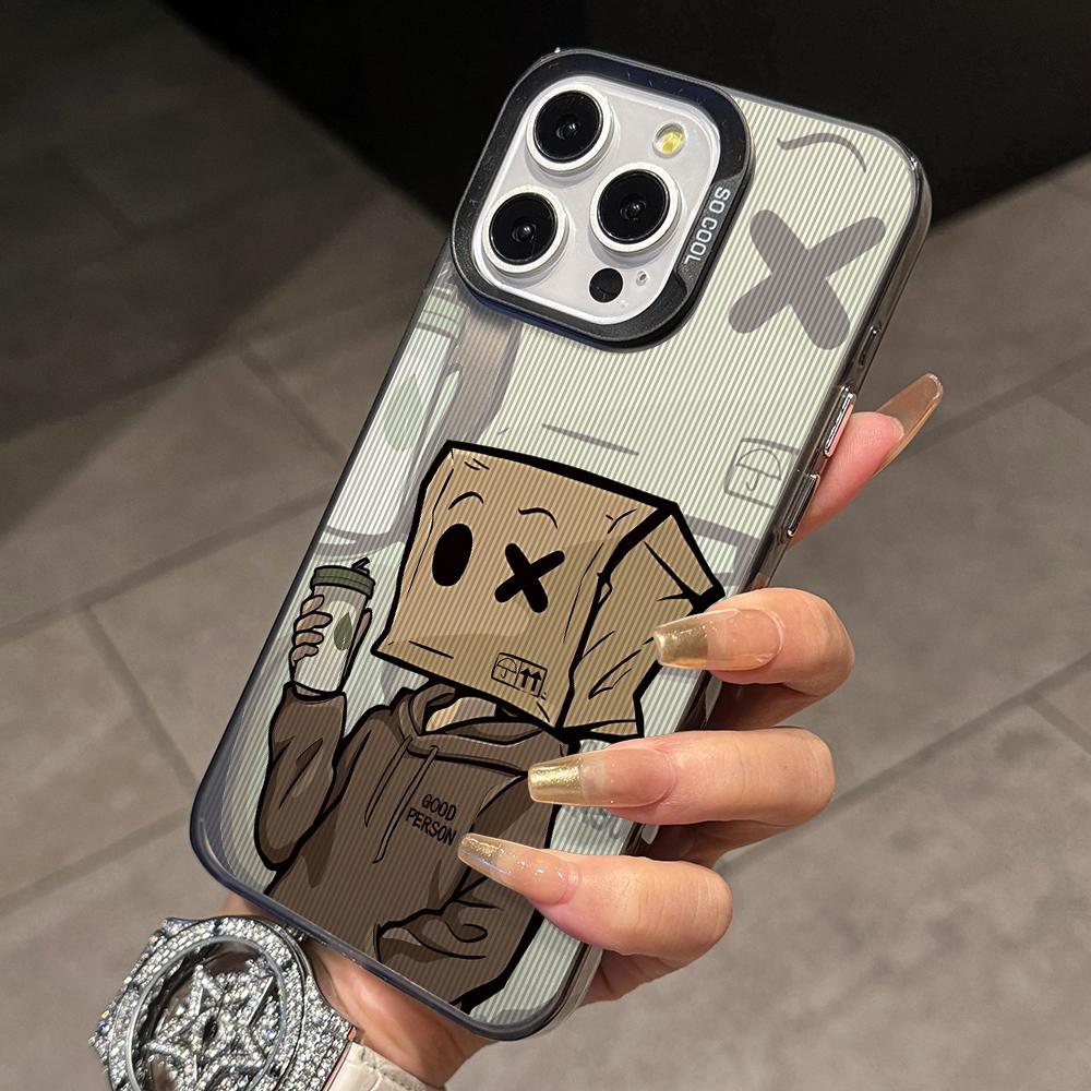 Cartoon Box Man Phone Case for iPhone 17 Air 16 16e 15 14 Plus 13 12 11 Pro Max X Xs XR 8 Colorful Silver Hard Cover