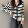 Navy Neck Striped Knitted Cardigan for Women, New Spring and Autumn Style V-neck Thin Long-sleeved Jacket with Contrasting Colors
