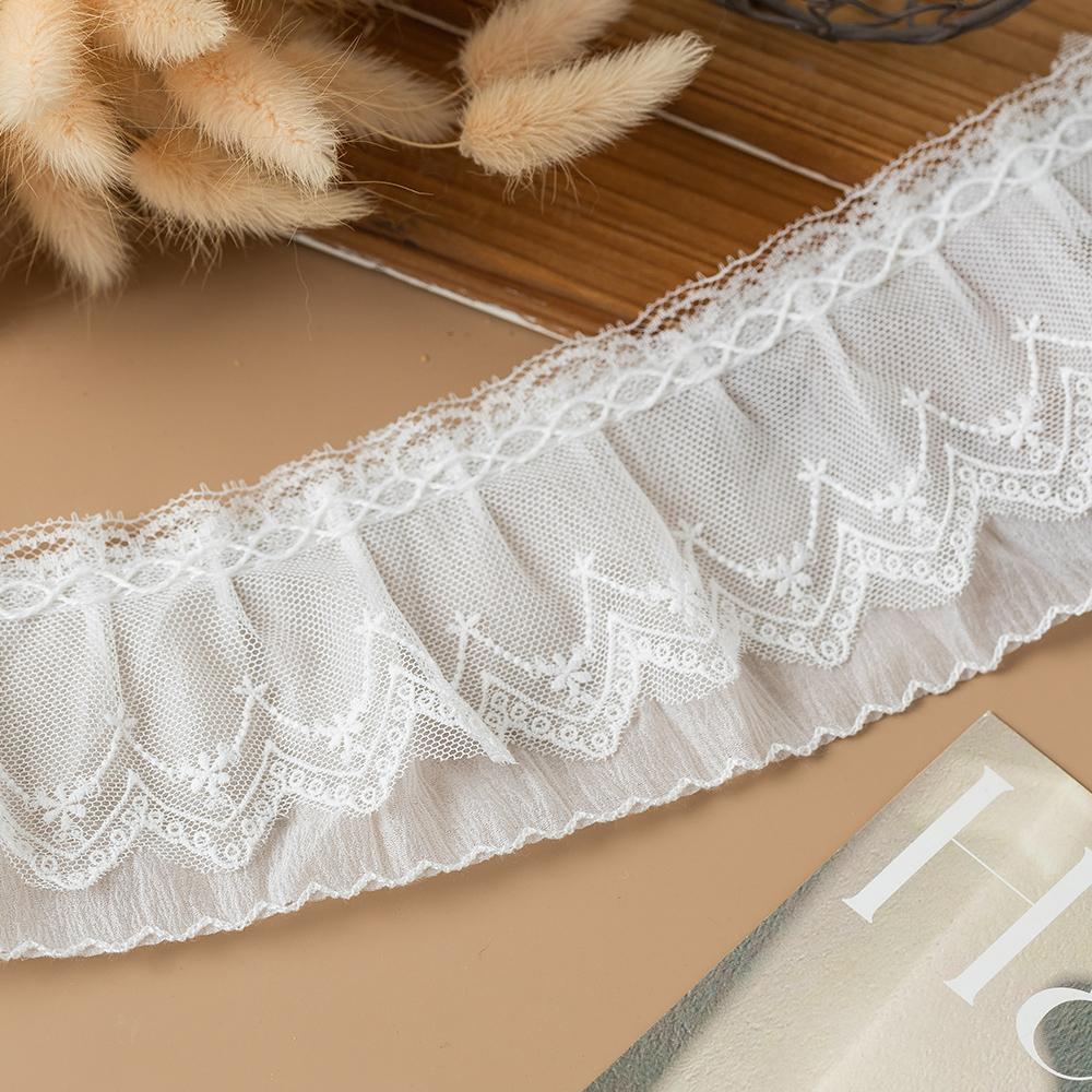 8CM Wide White Two Layers 3D Pleated Mesh Ribbon Chiffon Fabric Embroidered Ruffle Trim DIY Dress Apparel Collar Sewing Decor
