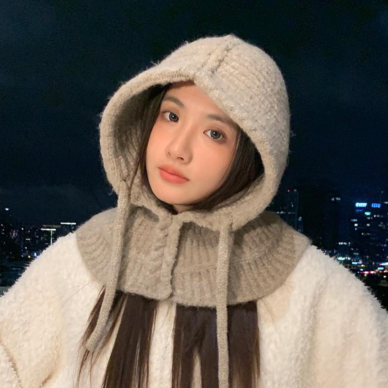 Balaclava Hat with Thickened Warm Scarf In Autumn and Winter Korean Version of Big Head Windproof Ear Protection Wool Hat