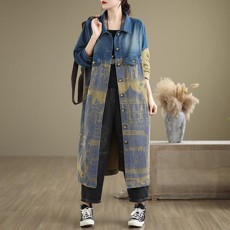 2024 Vintage Tie-Dye Patchwork Denim Trench Coat