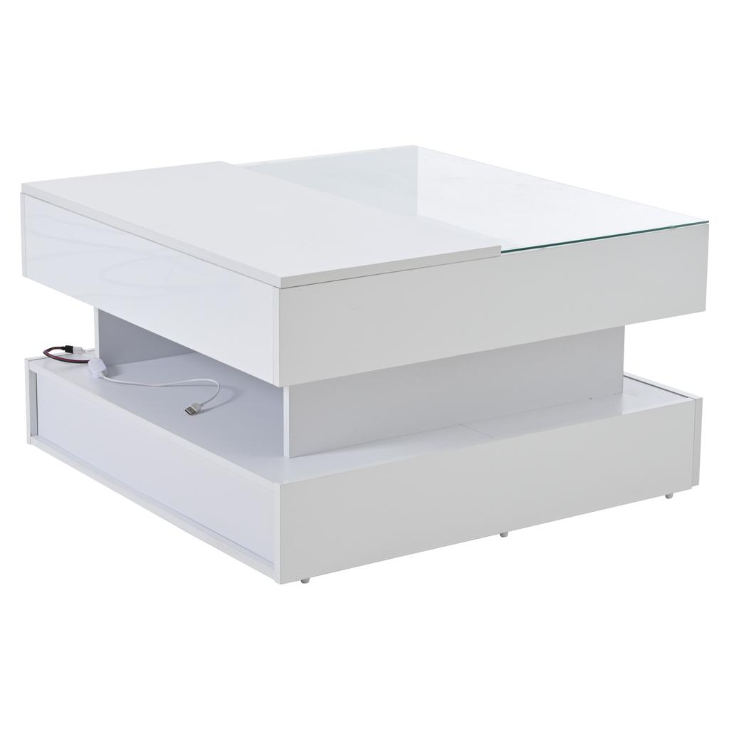 Mesa de centro regulable en altura de 80*80*45 cm con almacenamiento oculto y 2 cajones, luces LED, alto brillo, hecha de vidrio templado, blanca