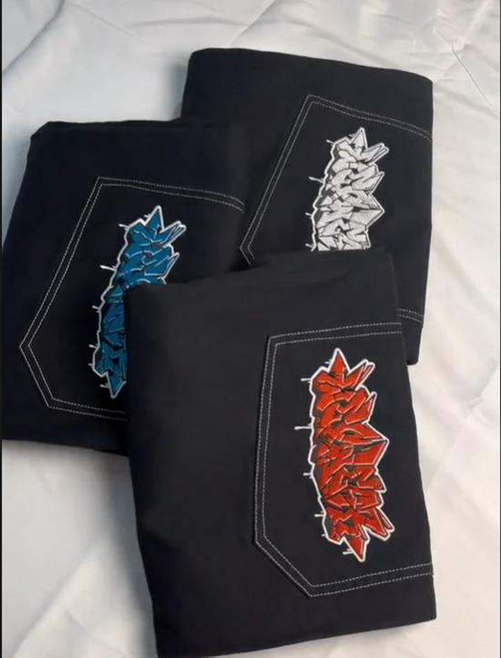 European High Street JNCO Pattern Embroidered Hip-Hop Loose Wide Leg Jeans