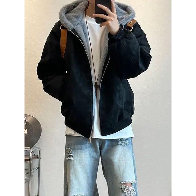 

American Style Winter Hooded Cotton Jacket with Lychee Texture and Fur Collar for Men and Women - Mountain Eagle Design. S чорний