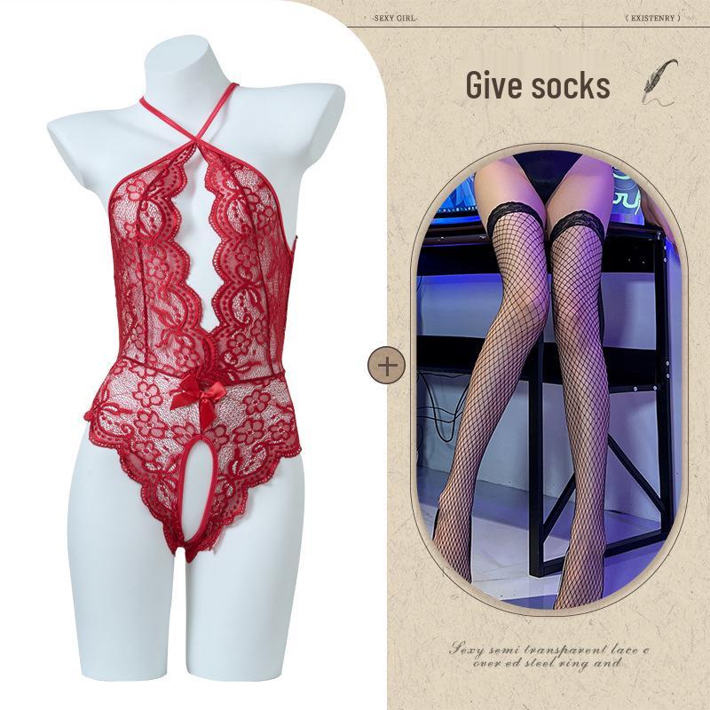 Women's Open Crotch See-Through Lace Bodysuit with Pearl Detail