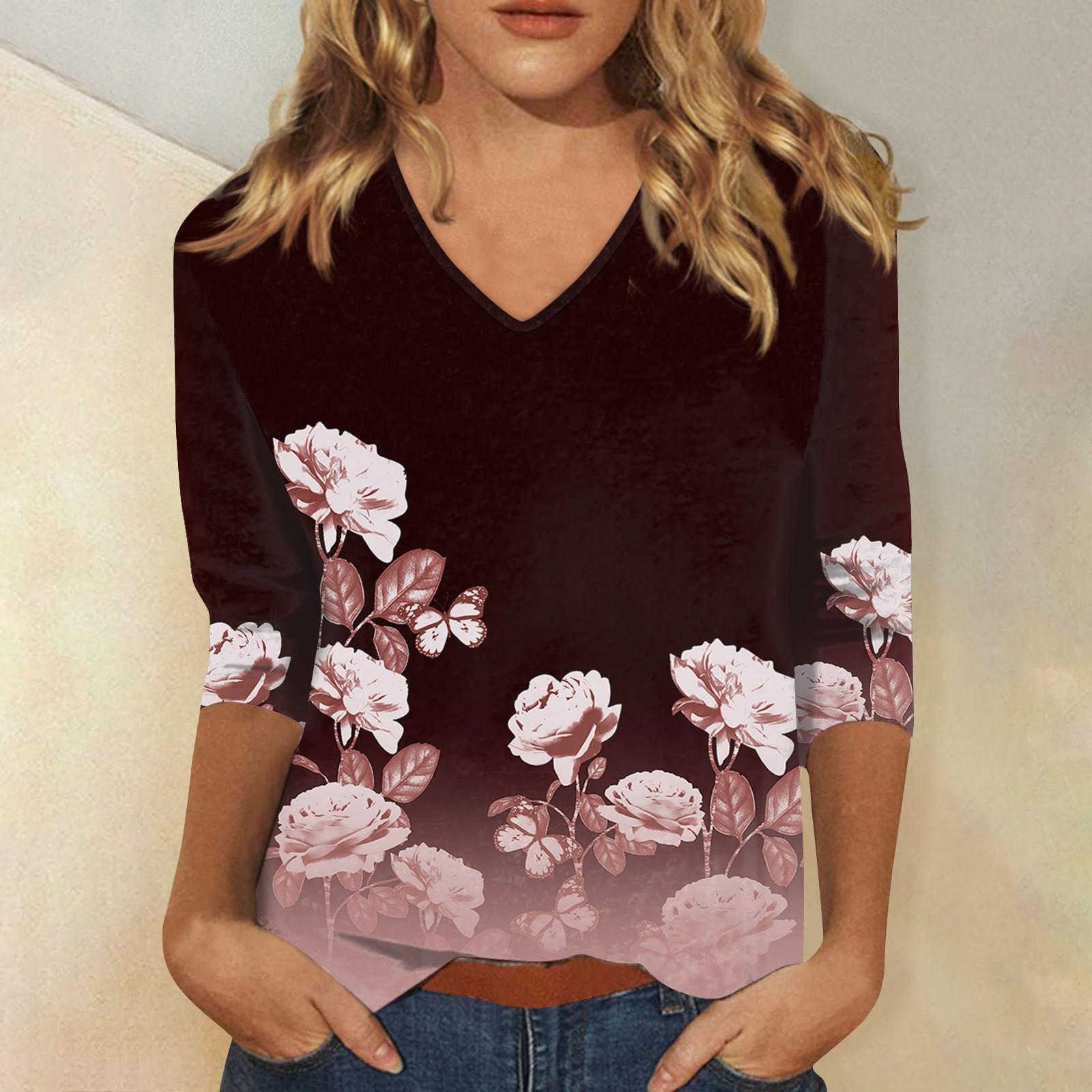 

Women s Casual Fashion Retro Print V Neck Three Quarter Sleeve T-Shirt Top M винний