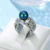 Gold CopperColor Round Blue Imitating Pearl Stone Ring Inlaid CZ Vintage Wide Statement Rings for Men Women Party Jewelry Gift