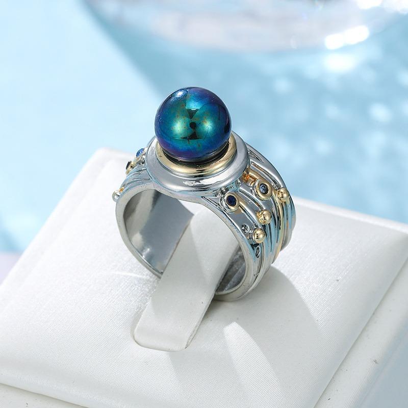 Gold CopperColor Round Blue Imitating Pearl Stone Ring Inlaid CZ Vintage Wide Statement Rings for Men Women Party Jewelry Gift