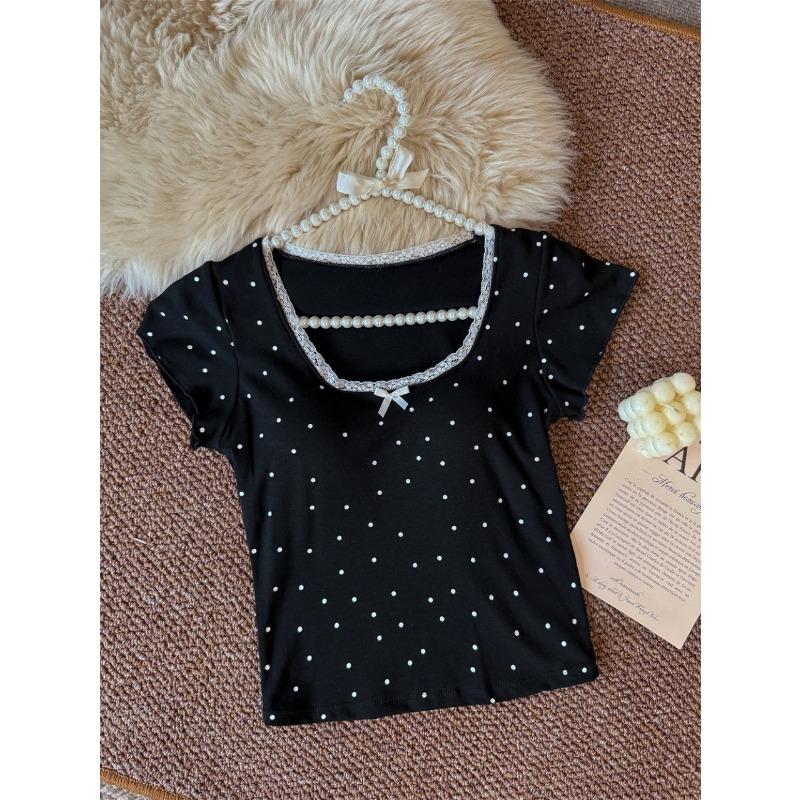 Women's Summer Polka Dot Lace Trim Bow Front Short Sleeve Crop Top