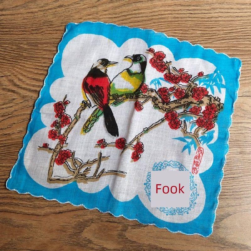 

Nostalgic 70 80 1990s Flower and Bird Handkerchief Handkerchief Childhood Pure Cotton Handkerchief Magpie Deng Mei Blue