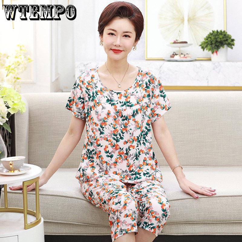 WTEMPO Sommer Mutter Zwei-stück Set Große Größe Großmutter Kleidung Kurzen ärmeln T-shirt Hosen Set Home Wear