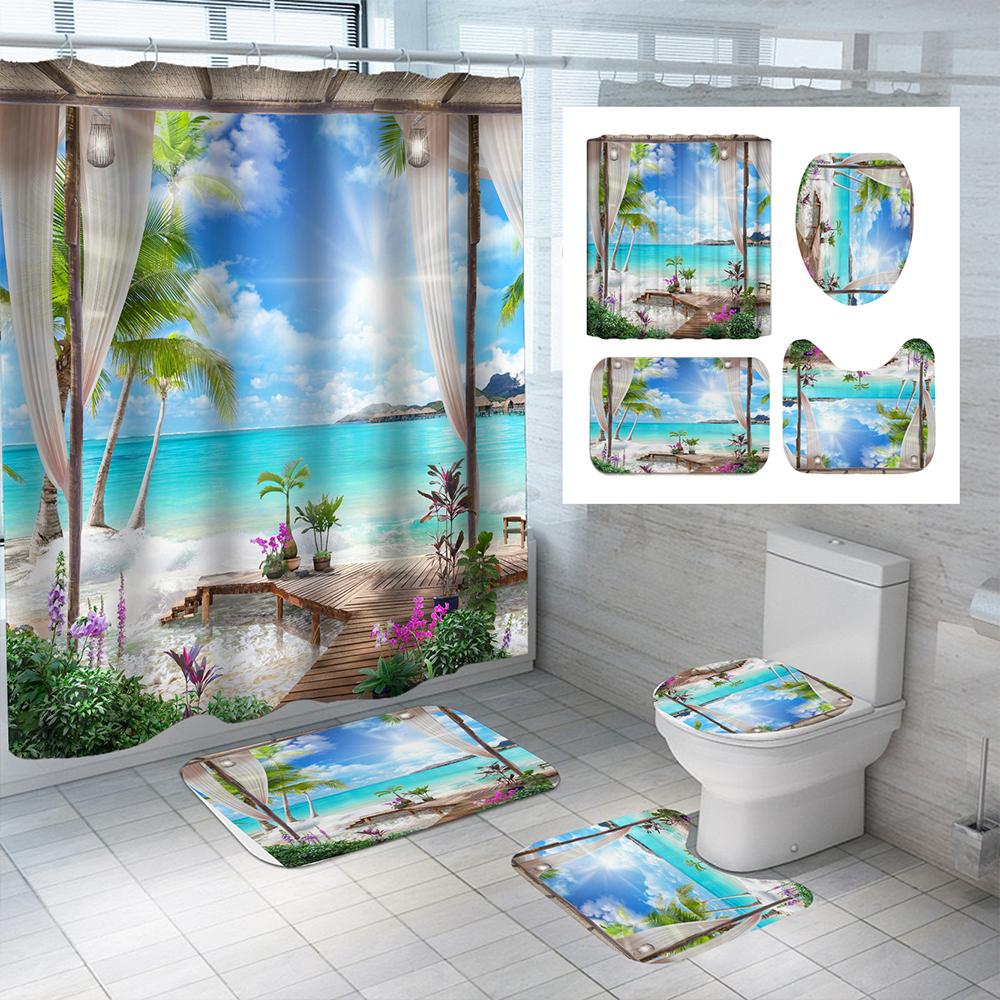 Beach Scenery Pattern Waterproof Polyester Bathroom Curtain With Hooks Anti-Slip Bath Carpet Mat Lid Toilet Cover Home Decor