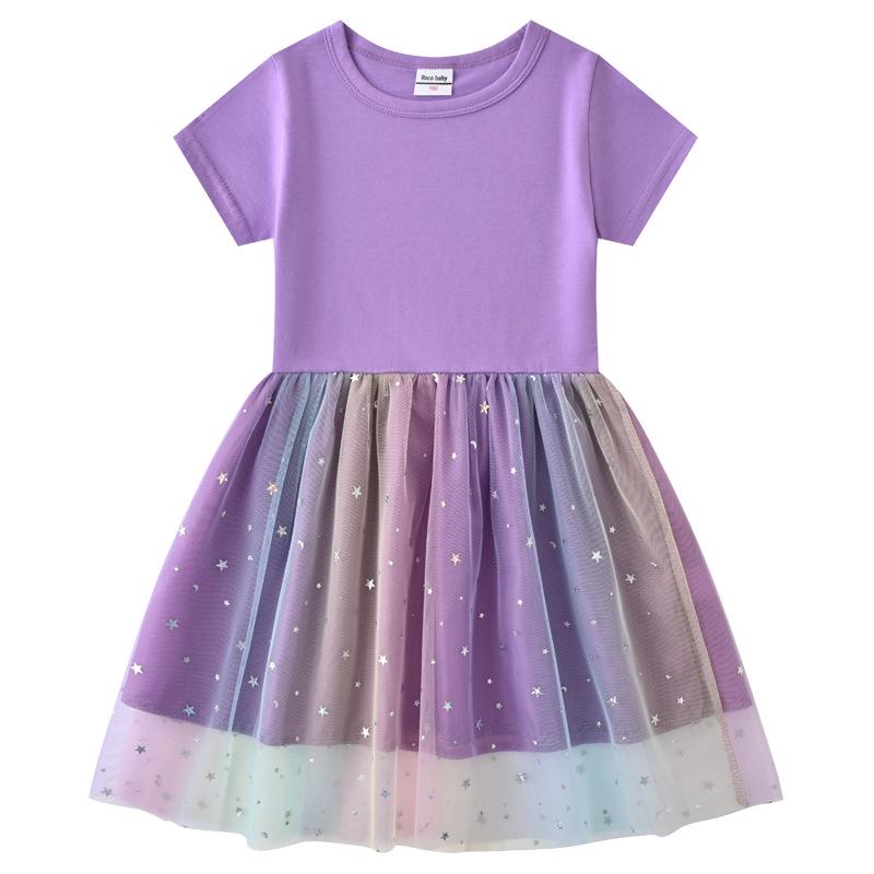 Korean Style Children's Princess Dress - Short/Long Sleeve with Stars, Rainbow Sequins, and Mesh Pleats for Spring, Summer, and Autumn