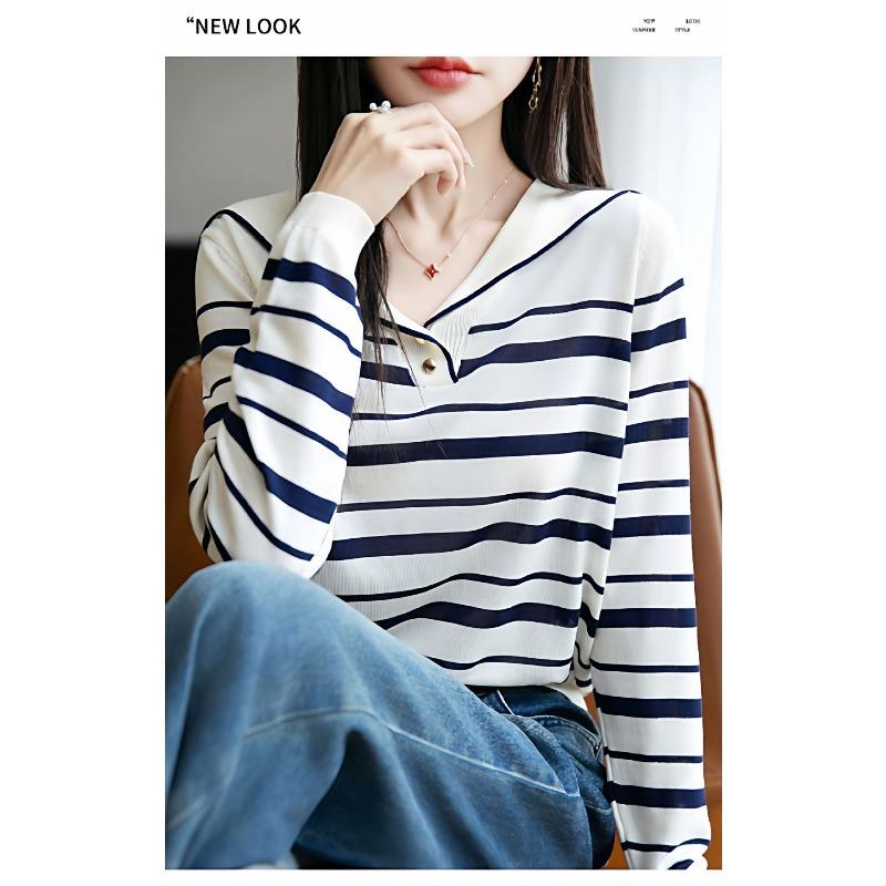 Navy Collar Striped Knitted Sweater Women's Sweater Bottom Shirt Loose Lyocell Lapel Long Sleeve Top Women's
