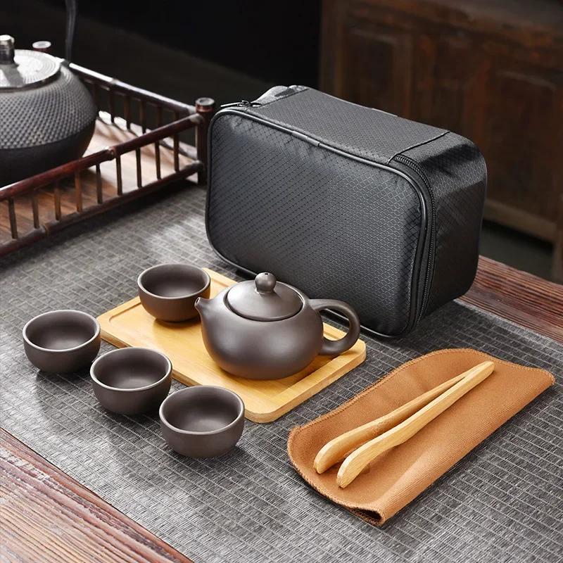 Purple Clay Travel Tea Set Outdoor Portable Kung Fu Tea Set Teas Infuser Teapot Teacup Filter Teas Brewing Utensils Teaware Sets