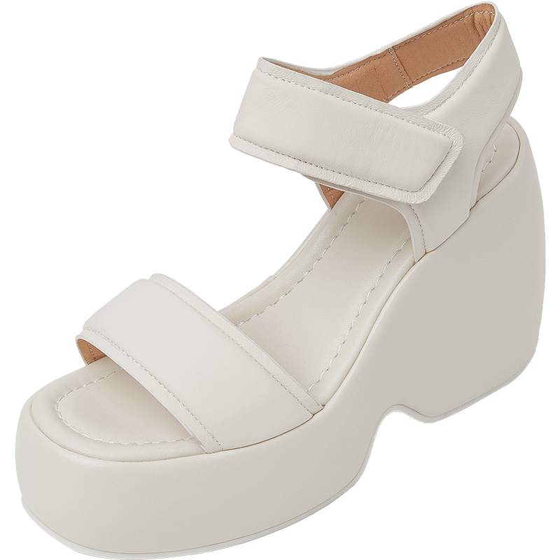 

Krazing Pot Летние туфли на толстом высоком каблуке и платформе из овчины с открытым носком, повседневные непромокаемые женские сандалии на липучке 39 слоновая кость