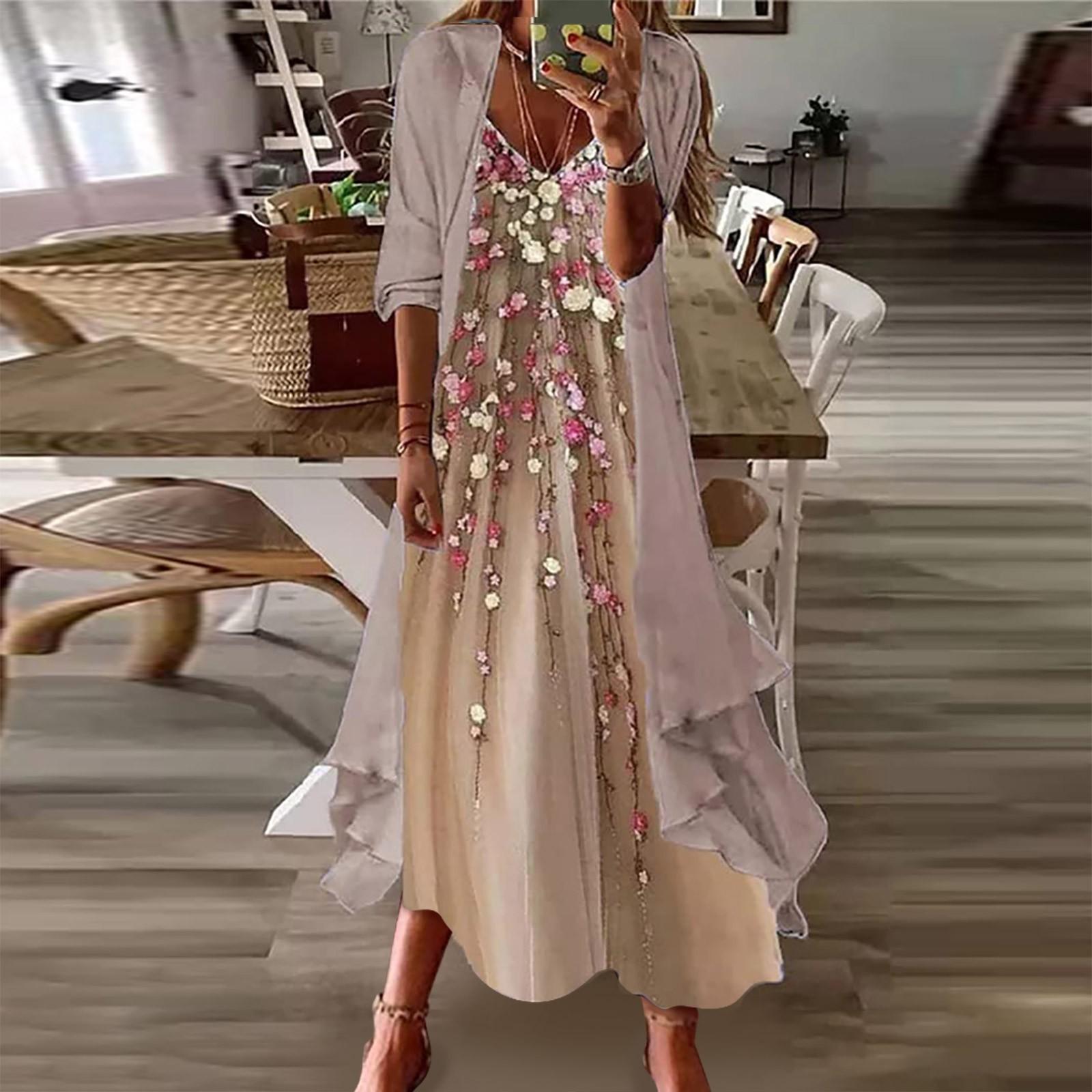 

Women s Summer Casual Fashion Chiffon Coat V Neck Printed Camisole Two-Piece Dress XXXL хакі