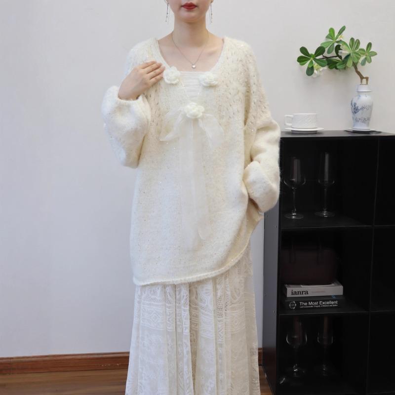 Autumn and winter new medium and long three-dimensional flower bow sweet knitted sweater top loose sweater pullover woman