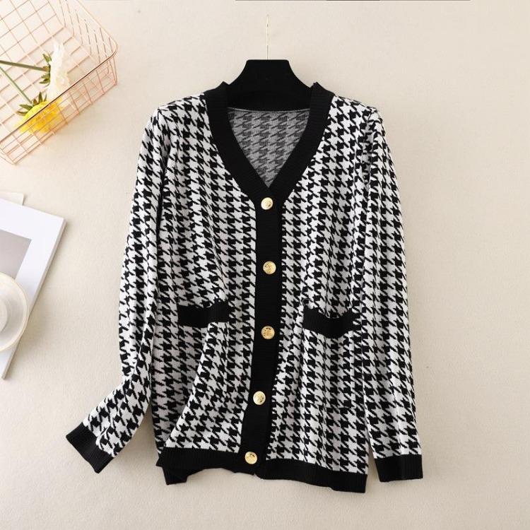 Black Gray Pink Women Knitted Cardigan Casual Comfortable Houndstooth V Neck Single Breasted Full Sleeve Top One Size