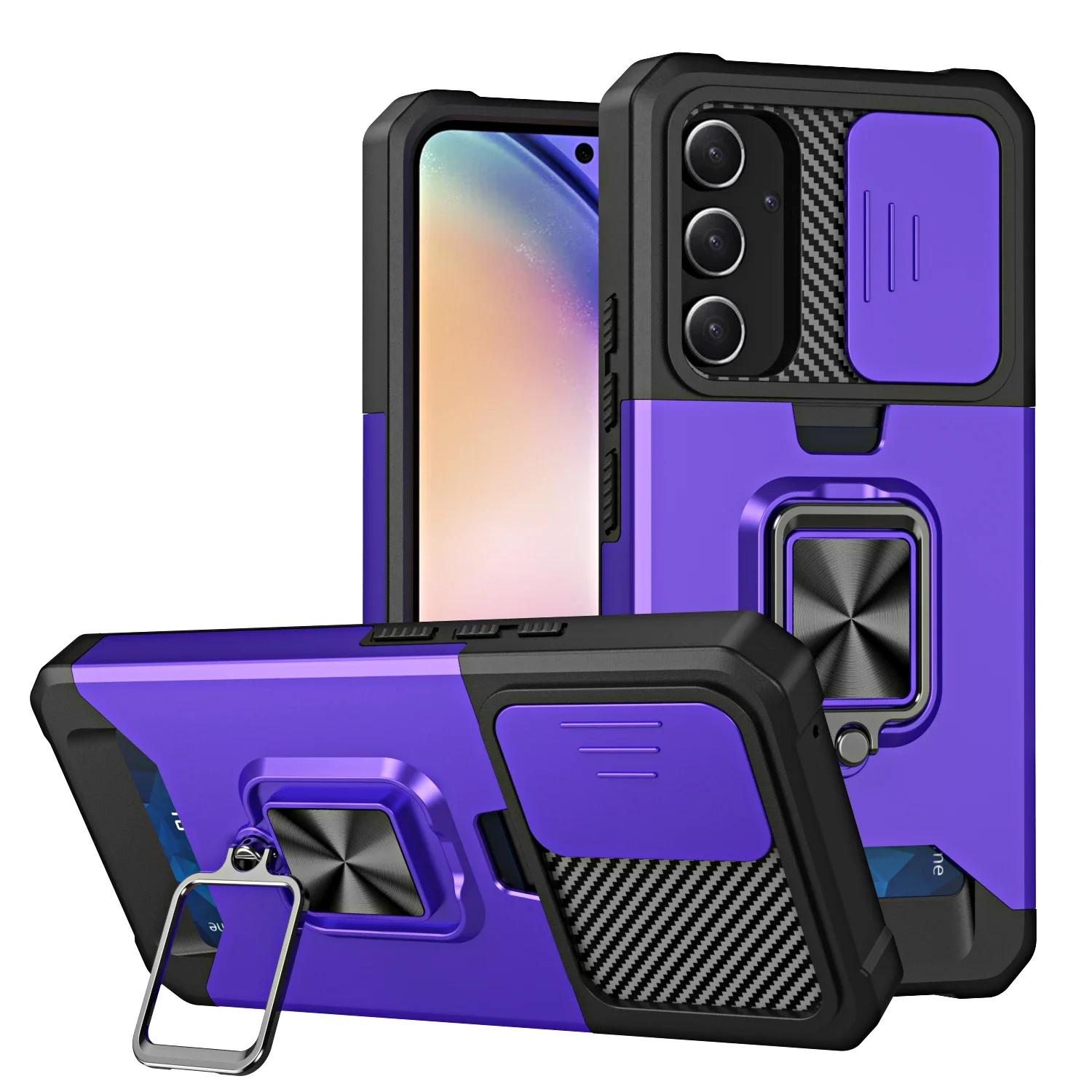 

Ударопрочный чехол Armor для Samsung Galaxy S25 Ultra Plus S24FE A16 A06 A55 с кольцом-подставкой, выдвижной камерой, объективом, чехлом-кошельком для карт Solt Samsung S24 Puls фиолетовый