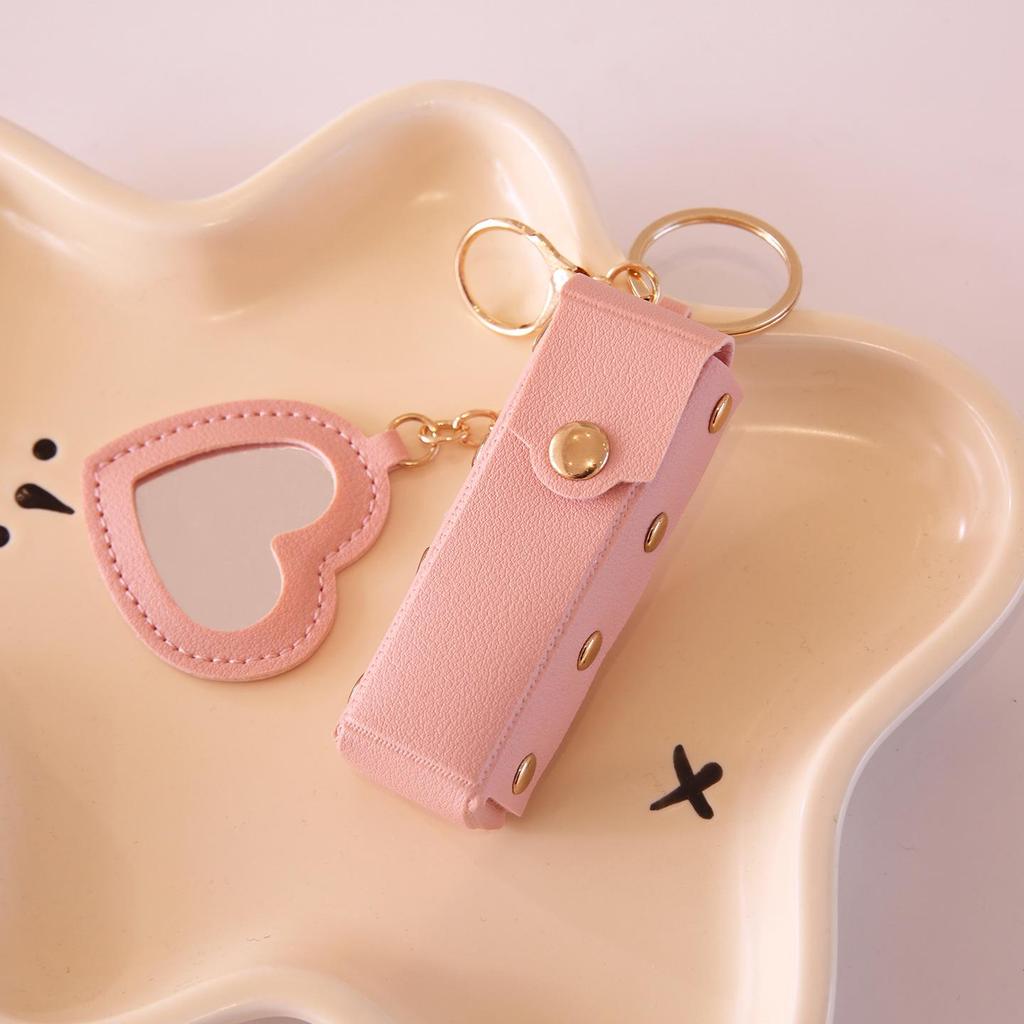 Heart-Shaped Mini Lipstick Keychain with Mirror: Portable Leather Holder for Girls