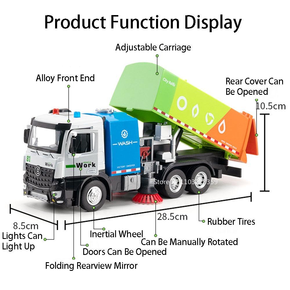 1:24 Alloy City Sprinkler Vehicle Toy Models Metal Diecast Sanitation Sweeper Sound Light Doors Opened Engineering Vehicle Gifts