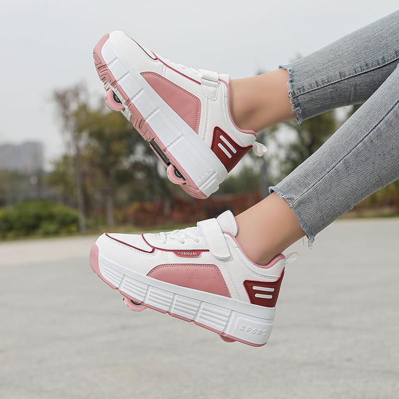 TUINANLE Small Four-wheel Walking Shoes Pink Teenager Sport Shoe Girls Kids Unisex Two Wheel Pulley Walking Shoes