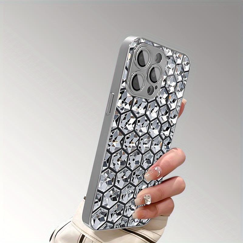 Hexagonal Diamond Pattern Electroplate Silver Phone Case For Samsung Galaxy S25 S24 S23 Ultra Plus FE Tempered Glass Cover