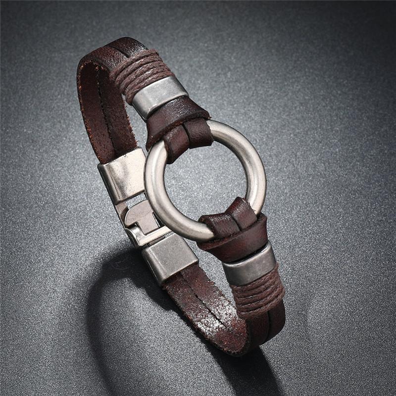

Trendy Genuine Leather Men S Jewelry Punk Vintage Round Spring Simple Leather Rope Bracelet For Women Men S Gifts 21cm
