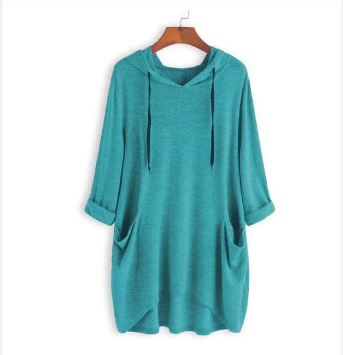 Spring Autumn Women's Hooded Solid Color Loose Long T-shirt Irregular Long Sleeve Pocket Pullover Top