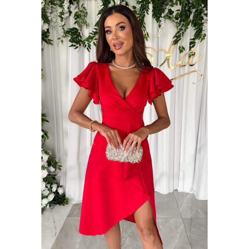 

Летнее платье для работы с V-образным вырезом, подчеркивающее талию, с рукавами-рюшами XL ярко-красный