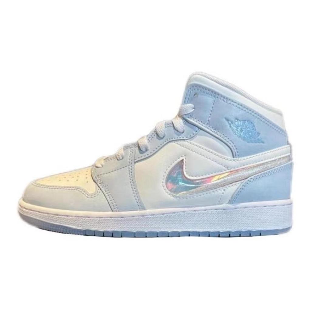 Jordan Air Jordan 1 Mid High top Vintage Basketball Shoes GS Blue Silver FQ9117-400(Team80-)