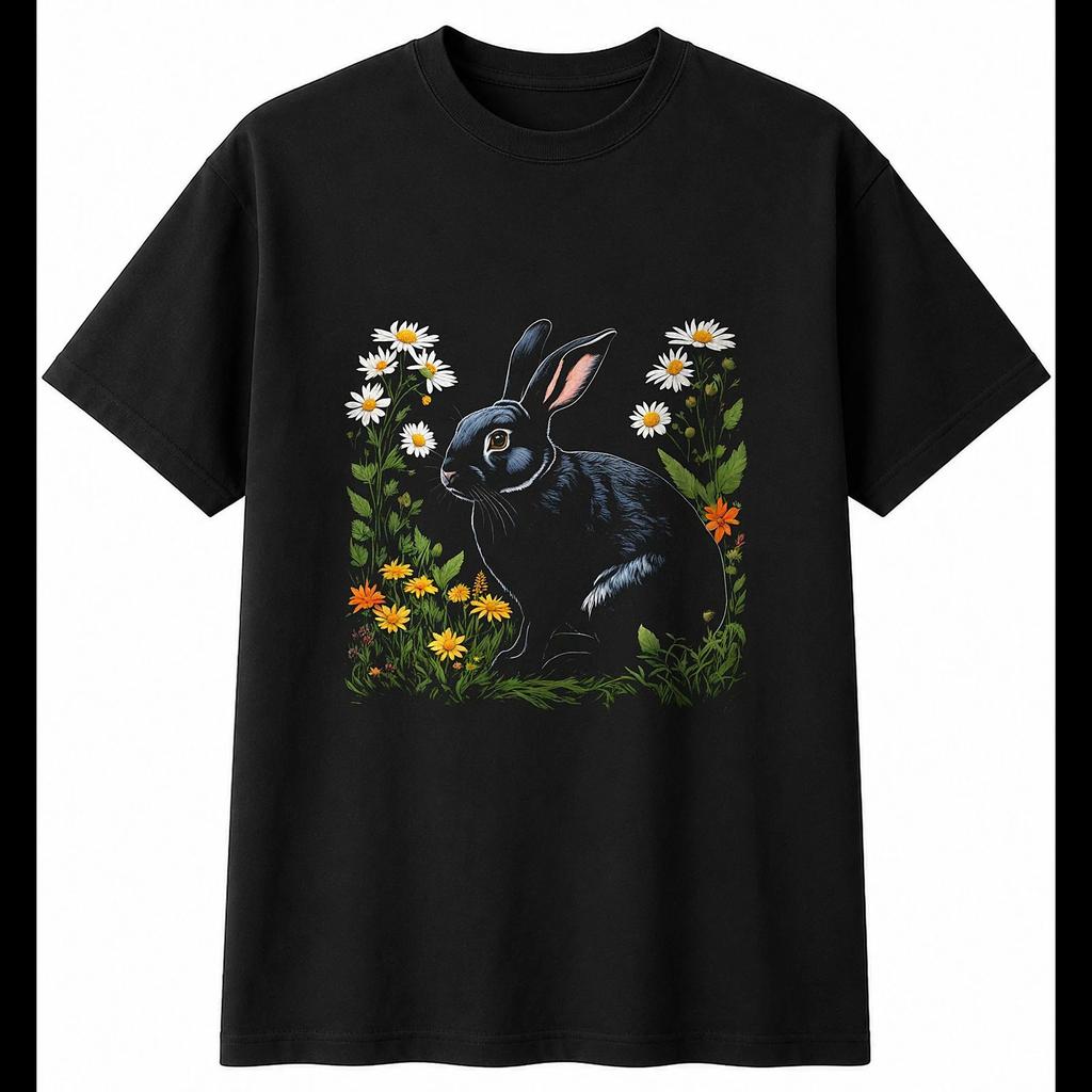 Botanical Lop Rabbit with Flowers Cute Mens T-Shirt Black 100% Cotton Printed