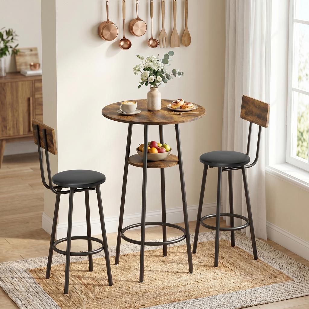 Industrielles Bartisch-Set mit 2 gepolsterten Hockern, Fußstützen, Metallrahmen, Küchentisch mit Regal, Rustikales Braun