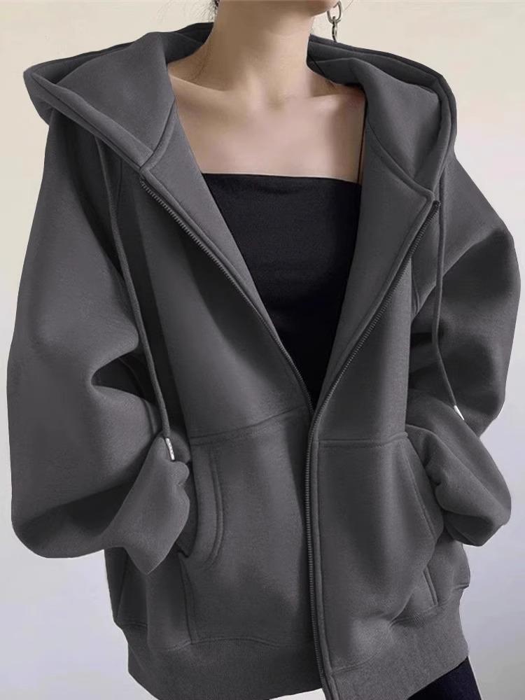 Solid Color Women's Hooded Fleece-Lined Cardigan Jacket - American Retro Lazy Style for 2025 Autumn/Winter