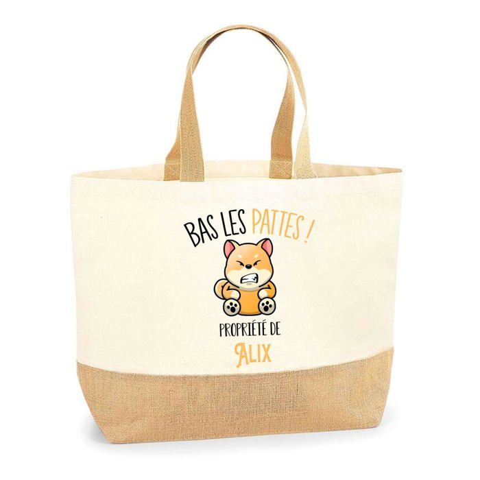 Sac cabas - PLANETEE - Alix Bas les pattes Chien Shiba - Jute naturel beige - Imprimé en France - Grande contenance