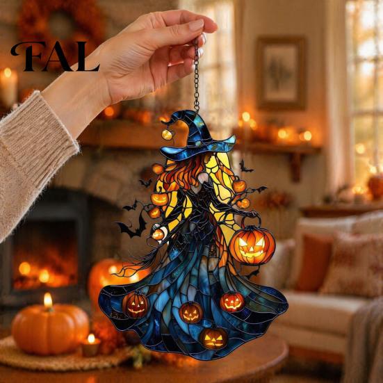 Acrylic Witch Hanging Art Suncatcher, Stained Glass Effect Window Car Ornament, Gothic Scary Colorful Silhouette Decor with Pumpkin Lantern