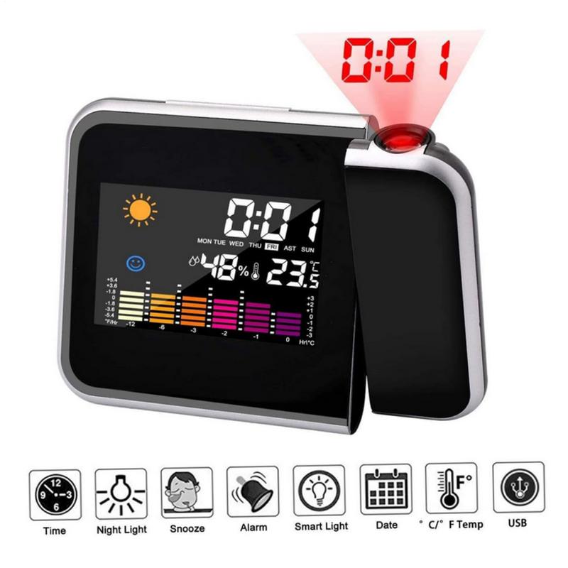 New Alarm Clock With Night Backlight Color Digital LED Screen Projector Adjustable Projection Angle Weather Station Alarm