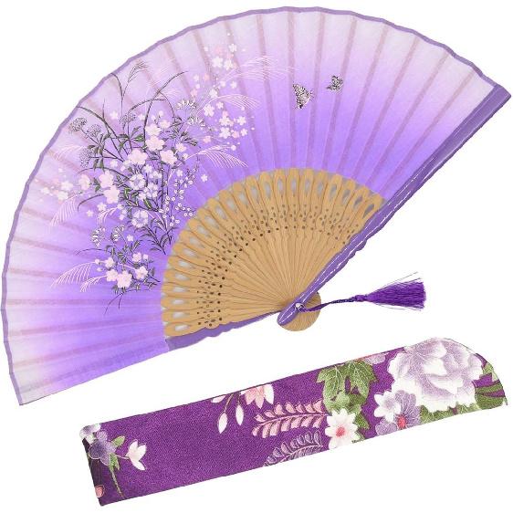 OMyTea Folding Hand Fan for Women - Foldable Chinese Japanese Vintage Bamboo Silk Fan - for Hot Flash, Church, Decoration, EDM, Music Festival,