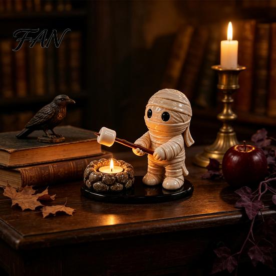 Fall Theme Room Decor Halloween Campfire Tealight Holder, Mummy Ghost Scarecrow Resin Decorative Ornaments Candle Stand for Desk, Harvest Table
