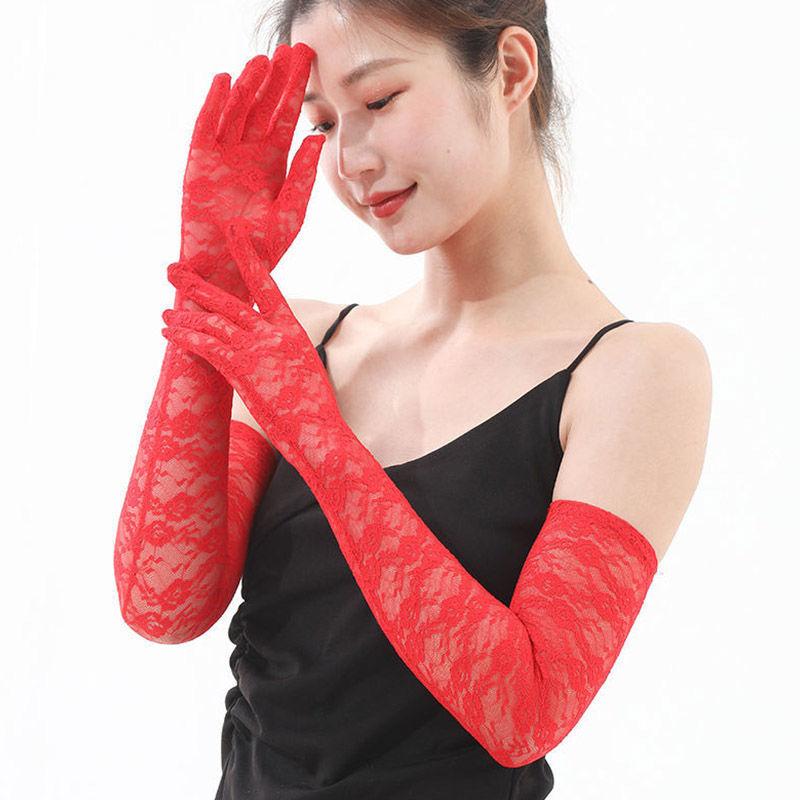 Summer Lace Long Gloves Sexy Hollow Out Summer Sun Protection Thin Wedding Dress Performance Party Arm Guard