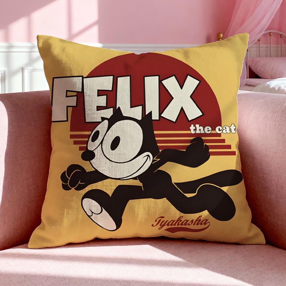 Cartoon F-Felix The Cat Cushion Cover Breathable Linen Pillowcase Summer Odorless Eco-Friendly Invisible Zipper Washable