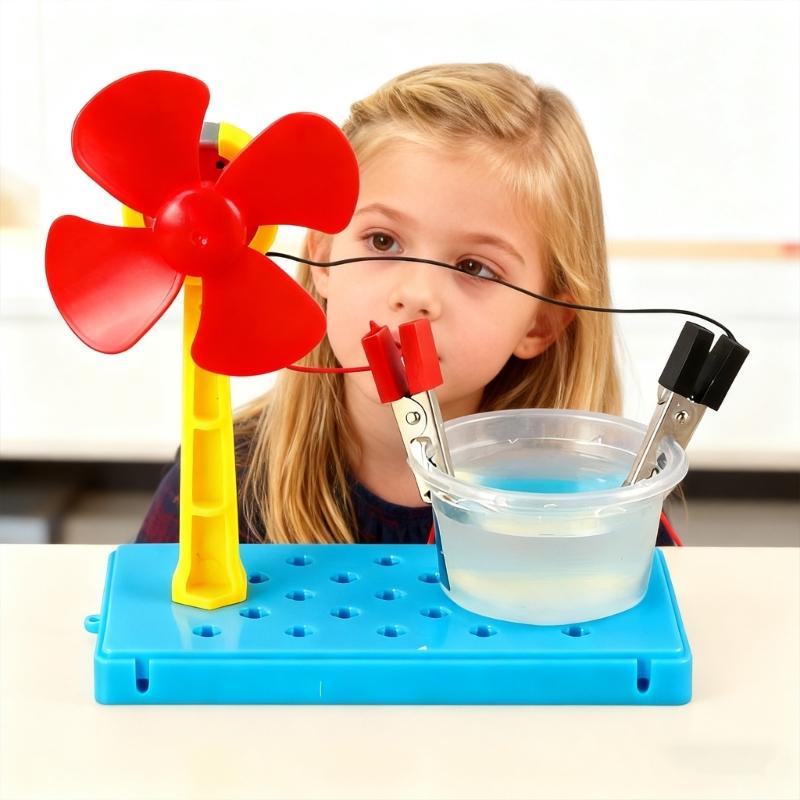 Science Demonstration Hand Making Saltwater Powered Generator Fan Set Enhancing Physics Education and Handcraft Skills