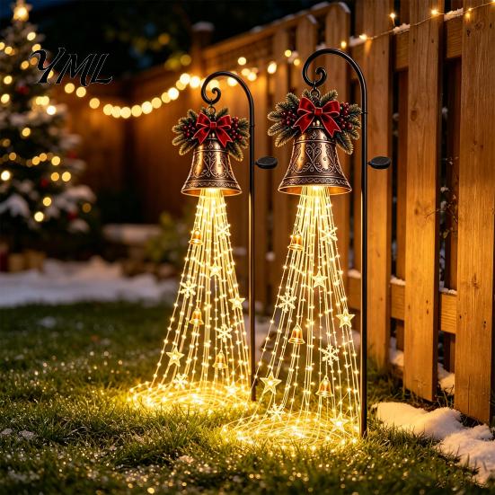 Solar Powered Garden Lights Christmas Light, Outdoor Metal Stake Family Gathering Backyard Ambiance Star Snowflake Waterfall String Lamp, Holiday Yard